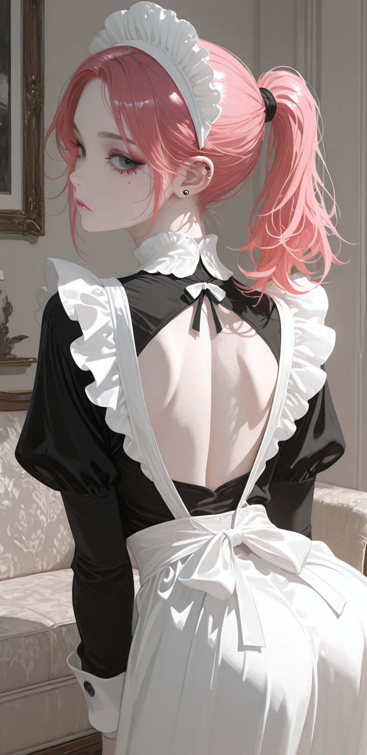 Eine im Anime-Stil gehaltene Illustration einer jungen Frau mit pinkfarbenen, zu einem Pferdeschwanz gebundenen Haaren, die eine schwarz-weiße Dienstmädchenuniform mit offenem Rücken trägt. Sie blickt über ihre Schulter in einen hell erleuchteten Raum.