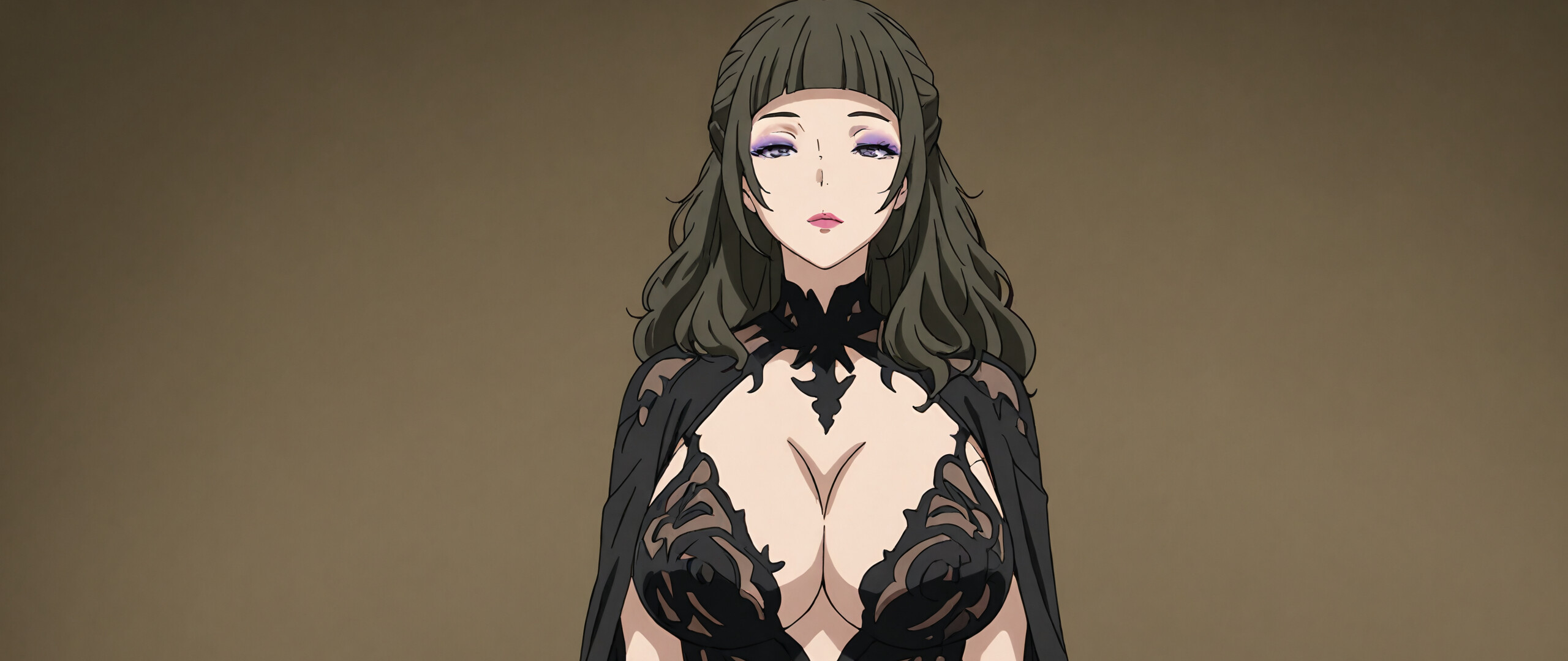 Eine im Anime-Stil gehaltene Illustration einer reifen Frau mit dunklem Haar und violettem Lidschatten, die ein aufwendiges und freizügiges schwarzes Spitzenkleid mit einem passenden Umhang trägt und den Betrachter direkt ansieht.