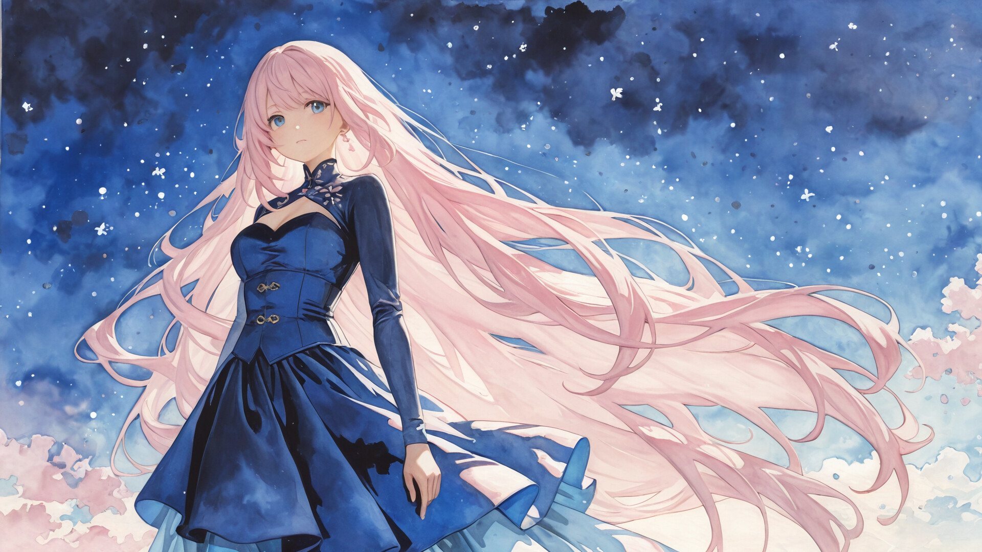 Eine im Anime-Stil gehaltene Illustration von Elysia aus „Honkai Impact 3rd“, einem wunderschönen Mädchen mit langen, pinkfarbenen Haaren und blauen Augen, das ein fließendes, hellblaues Kleid vor einem magischen, sternenübersäten Nachthimmel trägt.