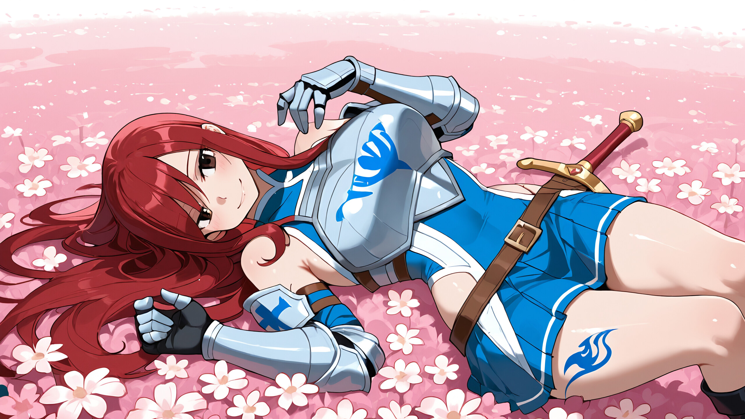 Erza Scarlet aus Fairy Tail, eine rothaarige Kriegerin in silberner und blauer Rüstung und einem blauen Rock, steht lächelnd auf einer Wiese voller weißer Blumen, im Hintergrund ist eine Burg zu sehen, und sie hält ein Schwert in der Hand.