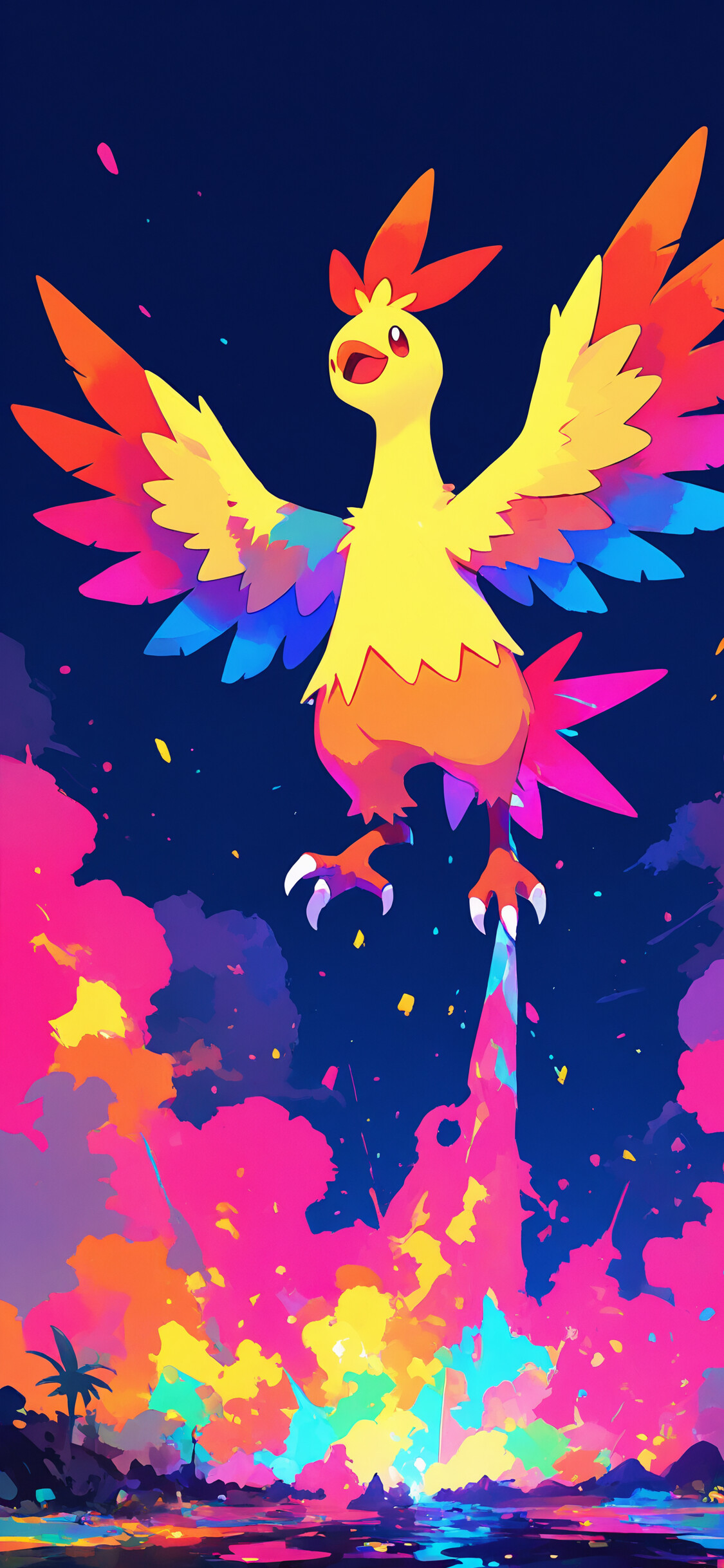 Eine digitale Illustration des Pokémon Combusken, das selbstbewusst posiert. Flammen schießen aus seiner Kopfkamm heraus vor einem lebendigen Hintergrund aus blauen, rosa und gelben Farbtupfern.