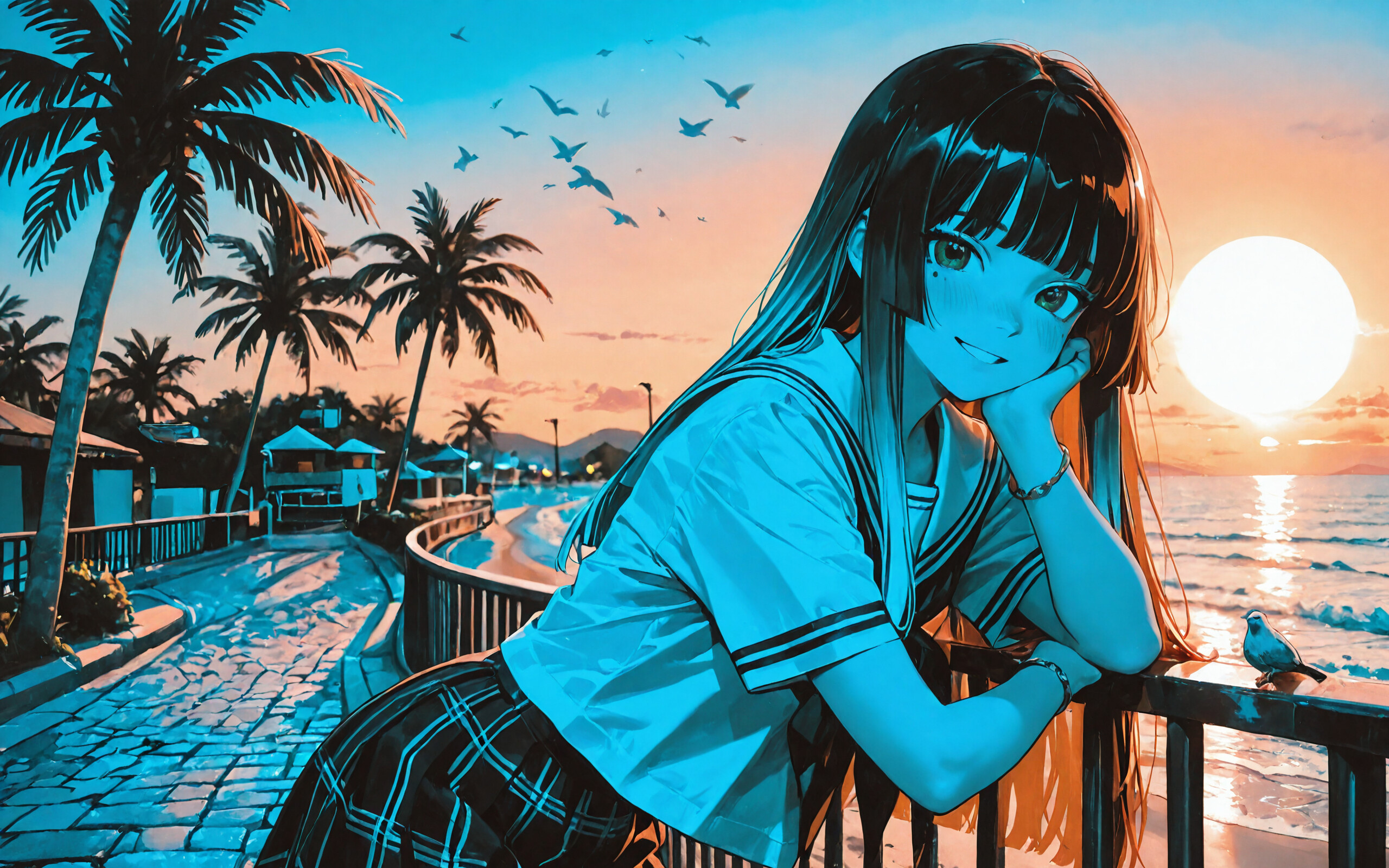 Ein Mädchen im Anime-Stil mit langen, blauen Haaren und grünen Augen, das eine Schuluniform im Matrosenstil trägt, lehnt an einem Geländer und lächelt. Im Hintergrund ist eine wunderschöne Strandlandschaft mit einer untergehenden Sonne, Palmen und Vögeln zu sehen, die am Himmel fliegen.