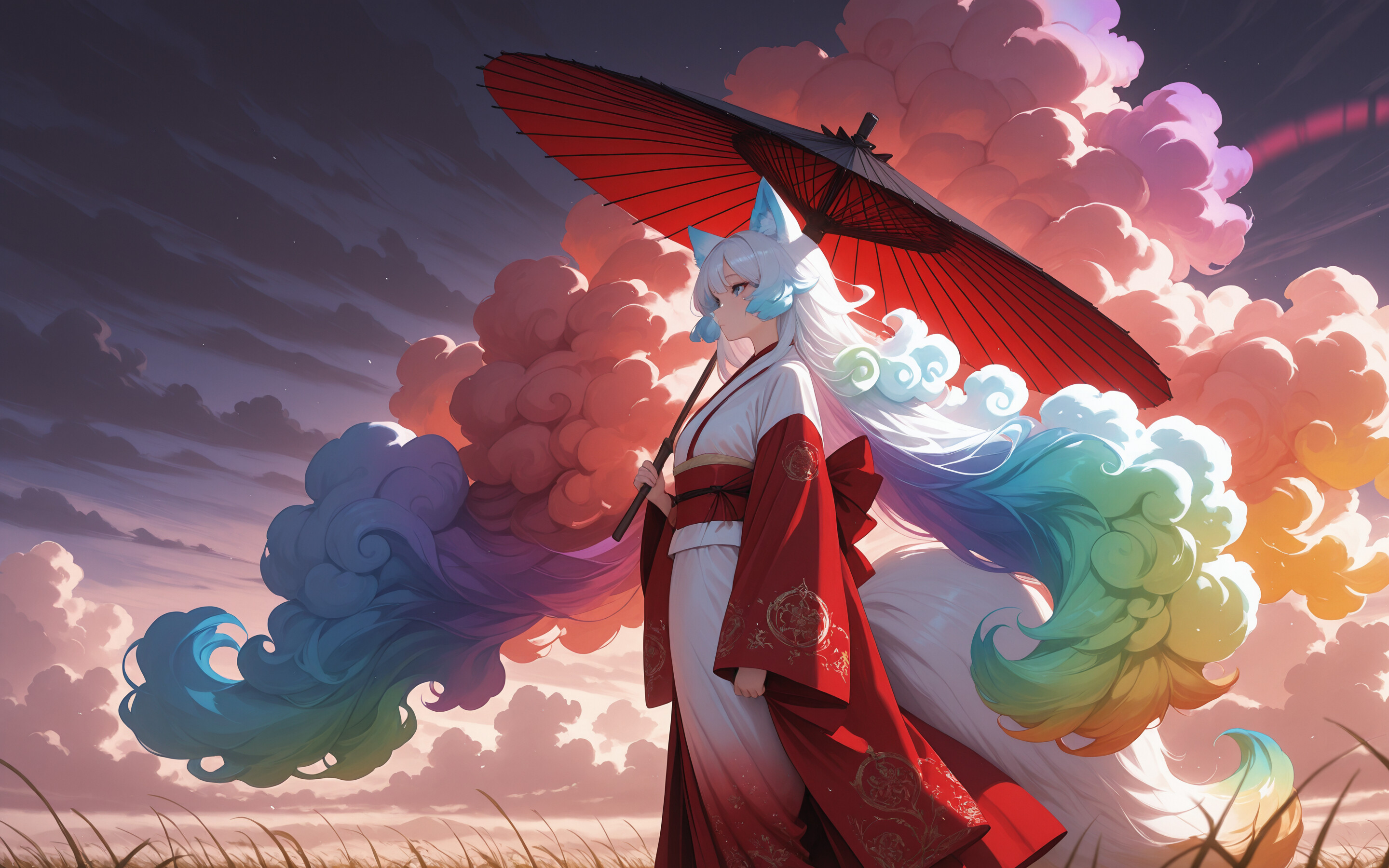 Eine im Anime-Stil gehaltene Illustration einer Kitsune (Fuchsgestalt), mit langem, weißem Haar und flauschigen, bunten Schwänzen, die einen rot-schwarzen Regenschirm hält und durch ein goldenes Feld unter einem Himmel mit riesigen, regenbogenfarbenen Wolken geht.