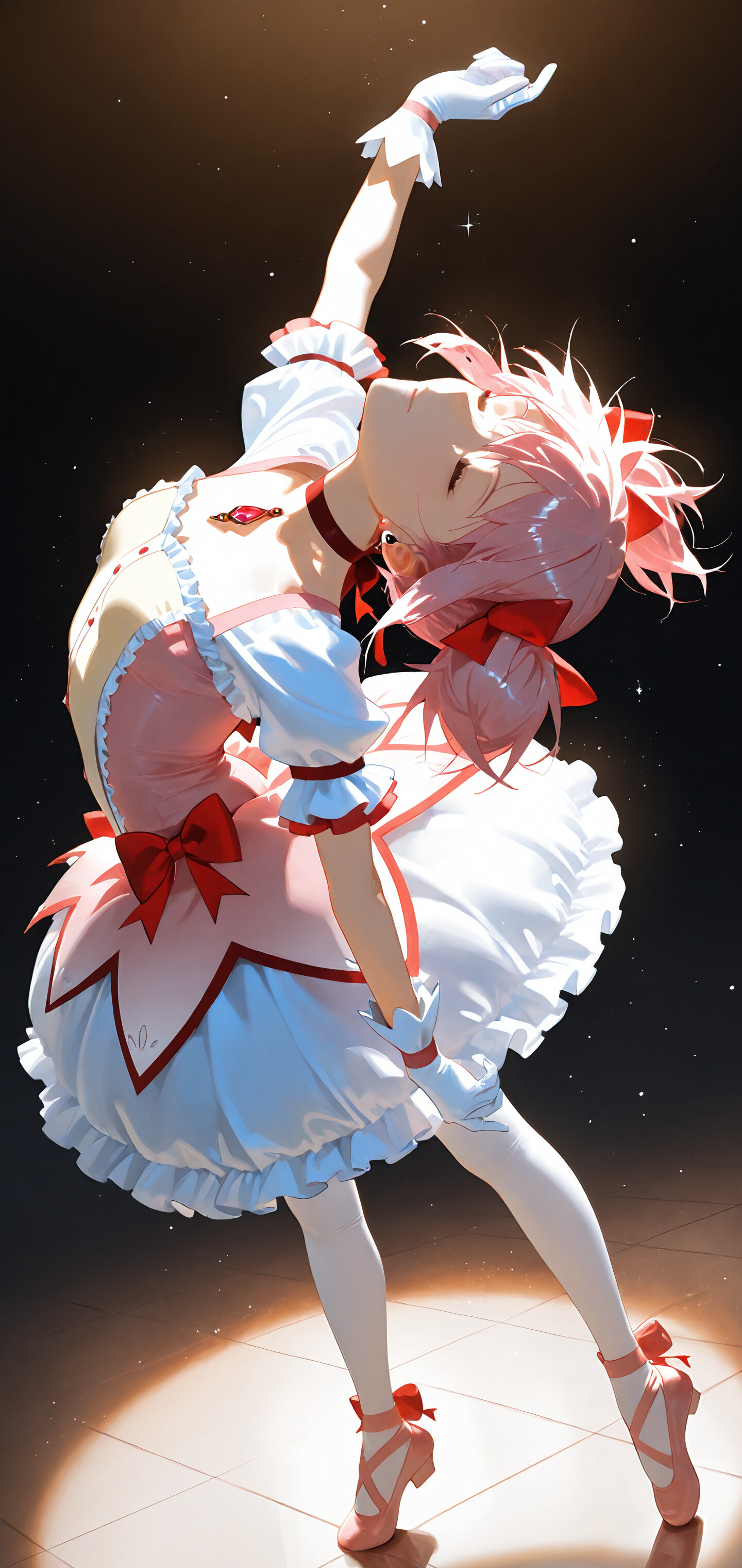 Madoka Kaname aus der Anime-Serie „Puella Magi Madoka Magica“, in einem rosa-weißem Kleid im Ballerina-Stil, tanzt anmutig im Scheinwerferlicht vor einem sternenübersäten Hintergrund, während sie die Augen geschlossen hat.