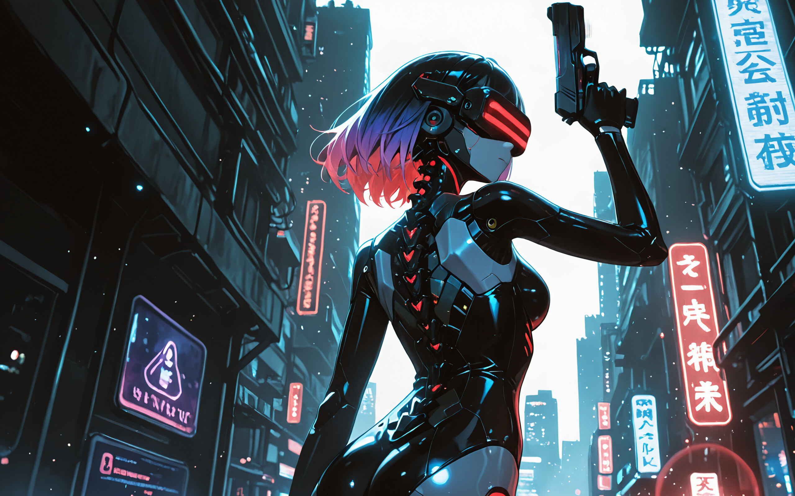 Eine im Anime-Stil gehaltene Illustration der Cyborg Motoko Kusanagi aus „Ghost in the Shell“. Sie hat kurze, violette Haare, ein rotes Visier und trägt einen schwarzen, kybernetischen Anzug, bei dem ein Teil ihrer mechanischen Wirbelsäule sichtbar ist. Sie hält eine Handfeuerwaffe und blickt über ihre Schulter in eine futuristische Stadt bei Nacht, die von Neonreklamen erleuchtet wird.