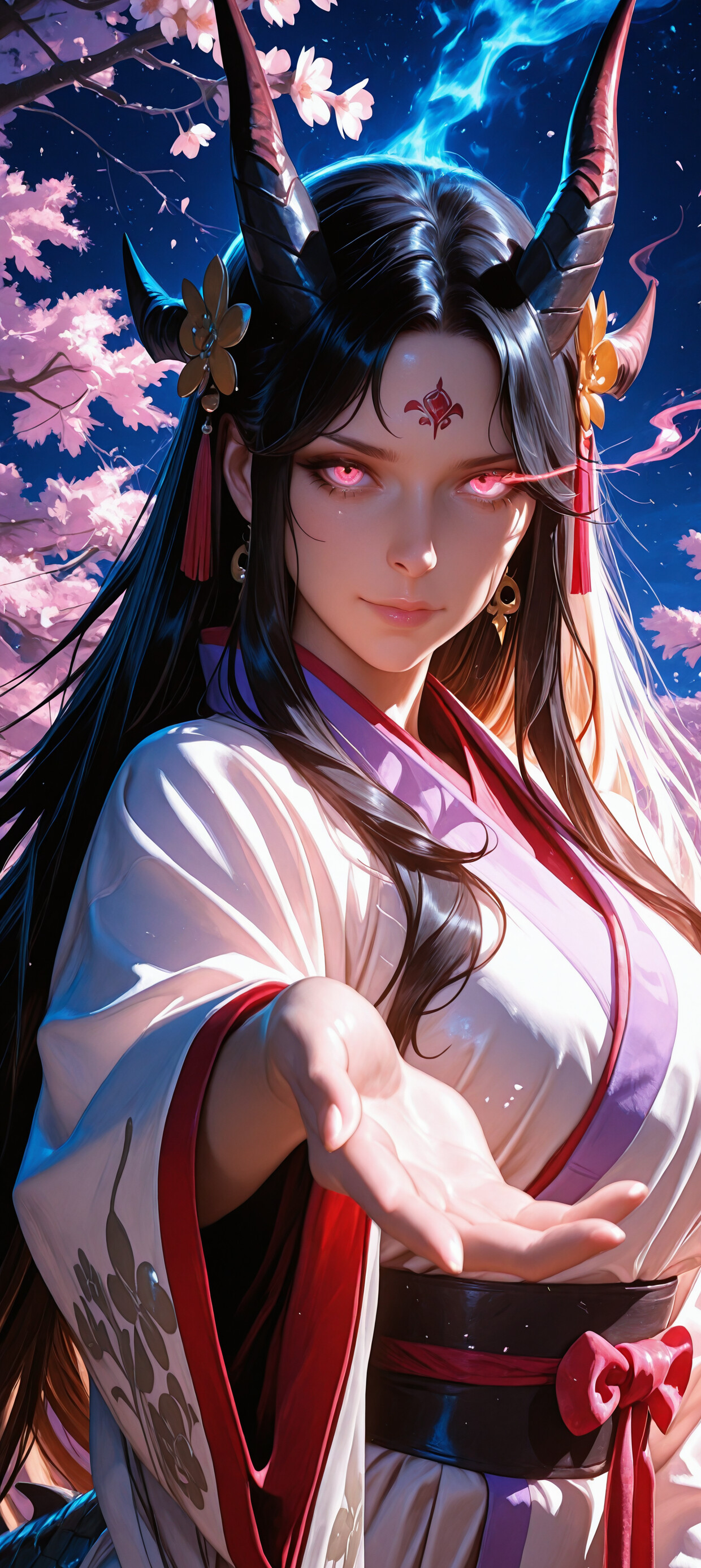 Ein digitales Gemälde von Yamato aus One Piece, dargestellt als eine Drachenpriesterin. Sie hat langes, schwarzes Haar, goldene Hörner und leuchtend rosafarbene Augen und hält in einem dunklen japanischen Tempel eine Lichtkugel in ihren Händen.