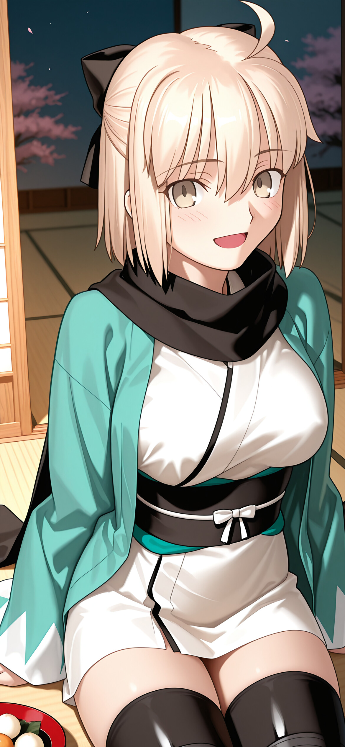 Okita Souji, eine blonde Anime-Figur aus Fate/Grand Order, lächelt freundlich, während sie in einem traditionellen japanischen Raum sitzt und ein Dango hält. Sie trägt ein türkisfarbenes Haori über einem weißen Kimono.