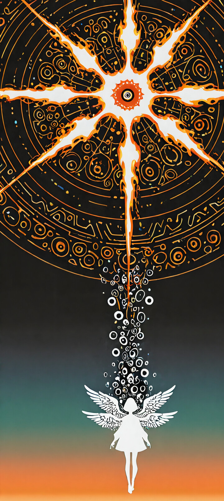 Eine abstrakte, kontrastreiche Illustration eines himmlischen Wesens. Ein großer, schwarzer Kreis, der mit vielen kleineren Augen gefüllt ist, bildet den Kopf, wobei sich in der Mitte ein einzelnes, feuerrotes Auge befindet. Dies ist von einem weißen Heiligenschein mit schwarzen, sonnenähnlichen Strahlen umgeben. Darunter befindet sich die weiße, minimalistische Silhouette des Oberkörpers einer Frau vor einem schwarzen und dunkelroten Hintergrund.