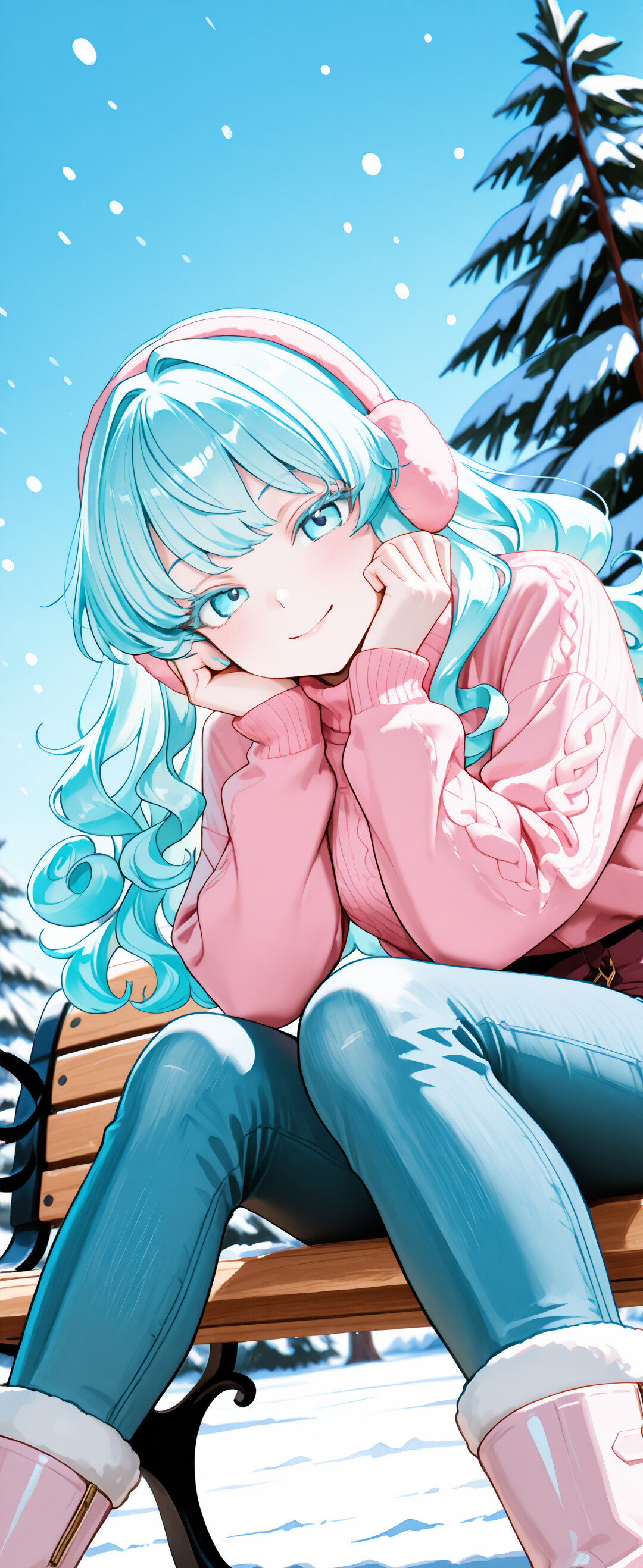 Ein Anime-Mädchen mit lockigem, türkisfarbenem Haar und einem rosa Pullover sitzt auf einer Parkbank in einer verschneiten Winterlandschaft und lächelt, während es seinen Kopf in den Händen ruhen lässt.