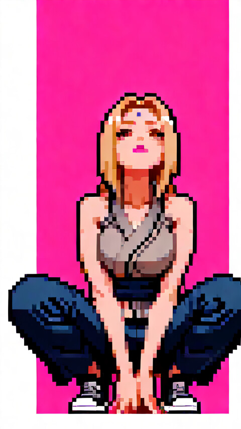 Eine Pixelgrafik, die Tsunade aus Naruto in einer hockenden Pose zeigt, wie sie zu einem einzelnen, hellen Stern vor einem rosafarbenen Hintergrund aufblickt.
