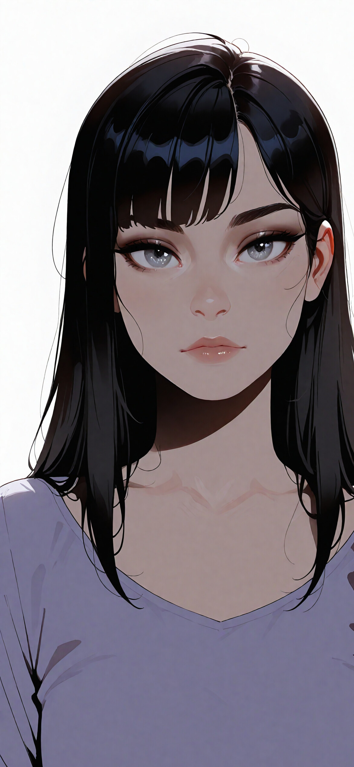 Eine digitale Illustration einer jungen Frau mit kurzem, schwarzem Haar, Pony und auffälligen grauen Augen, die direkt in die Kamera blickt. Sie trägt ein lavendelfarbenes Hemd über einem schwarzen Top vor einem weißen Hintergrund.