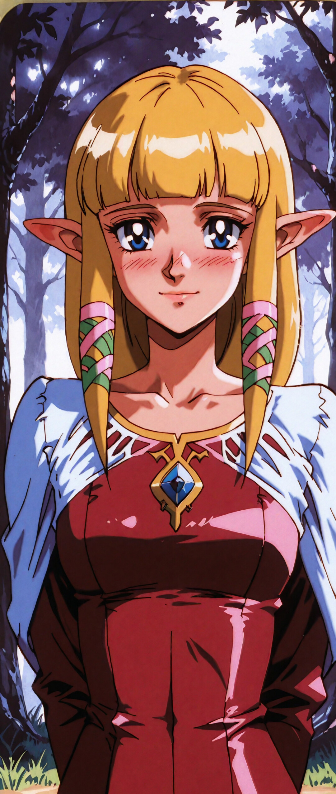 Eine Illustration der Prinzessin Zelda aus „Skyward Sword“, dargestellt im Stil eines Anime aus den 1990er Jahren. Sie hat langes, blondes Haar, spitze Ohren und blaue Augen und trägt ein zartrosa Kleid mit roten Akzenten und einen weißen Schal. Sie steht in einem Wald und lächelt sanft, ihre Wangen sind leicht gerötet.