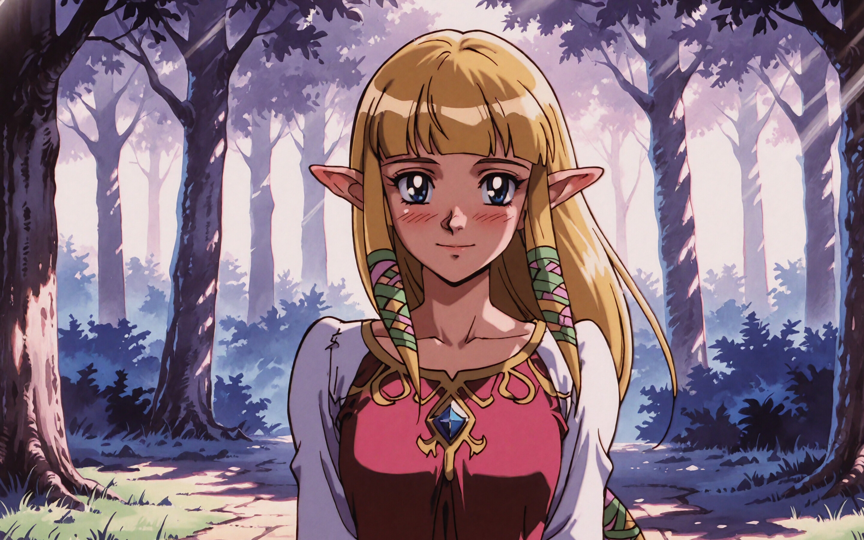 Eine Illustration der Prinzessin Zelda aus „Skyward Sword“, dargestellt im Stil eines Anime aus den 1990er Jahren. Sie hat langes, blondes Haar, spitze Ohren und blaue Augen und trägt ein zartrosa Kleid mit roten Akzenten und einen weißen Schal. Sie steht in einem Wald und lächelt sanft, ihre Wangen sind leicht gerötet.