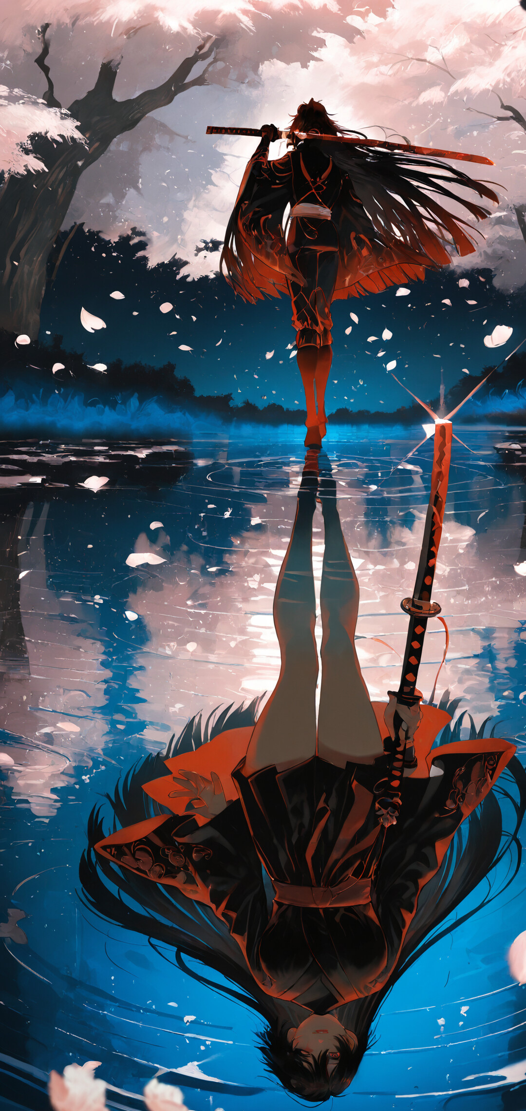 Eine im Anime-Stil gehaltene Illustration von Sasuke Uchiha aus Naruto, der auf dem Wasser unter einem Nachthimmel mit blühenden Kirschbäumen steht. Sein Spiegelbild im Wasser offenbart sein wahres Gesicht und erzeugt so ein Motiv der Dualität.