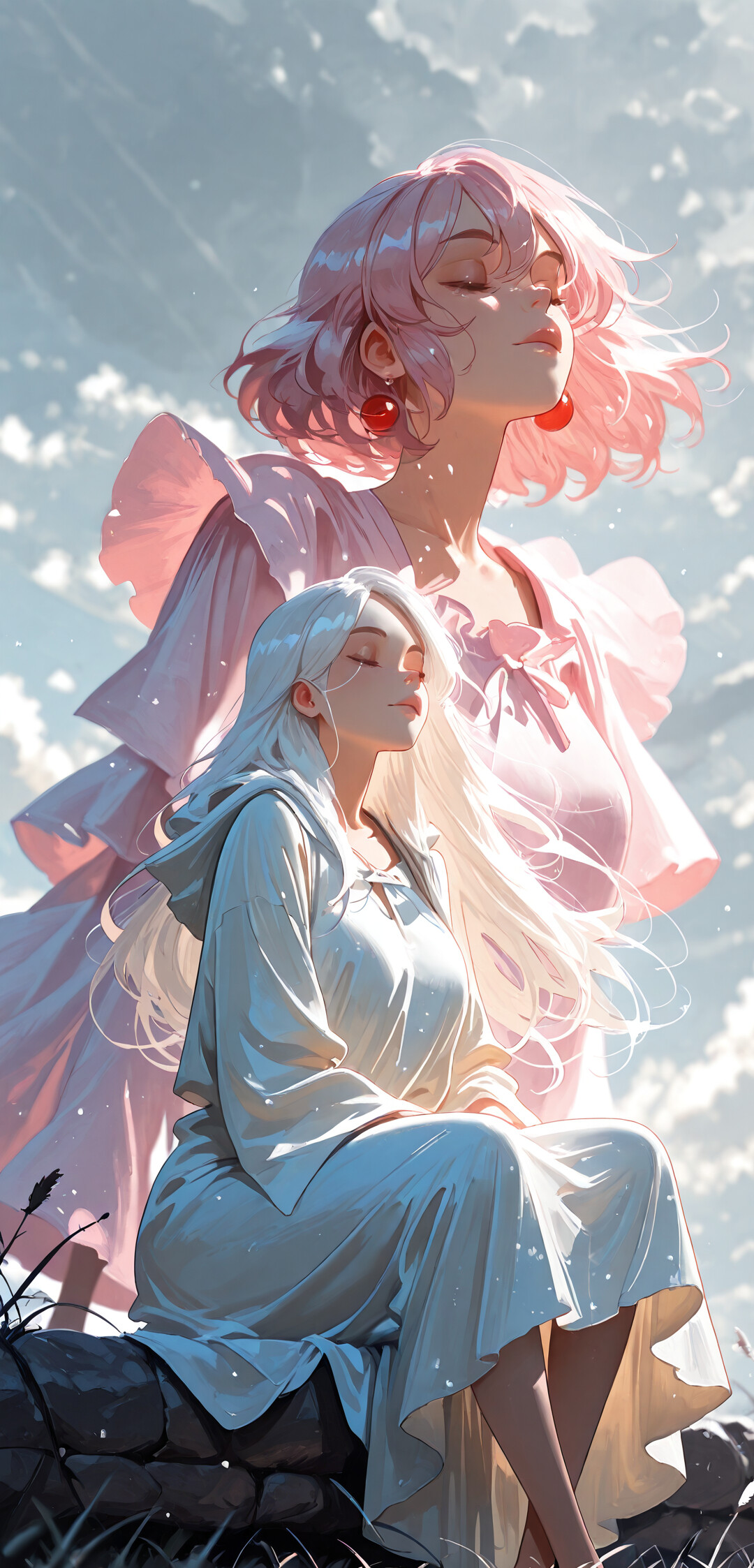 Ein digitales Gemälde im Anime-Stil, das eine junge Frau mit langem, weißem Haar in einem rosafarbenen, kapuzenartigen Gewand zeigt. Sie sitzt mit gekreuzten Beinen auf einer Wiese aus rosa Blütenblättern. Ihre Augen sind geschlossen, während sie meditiert, und ein einzelner, leuchtender Stern scheint über ihr am dunklen, bewölkten Himmel.