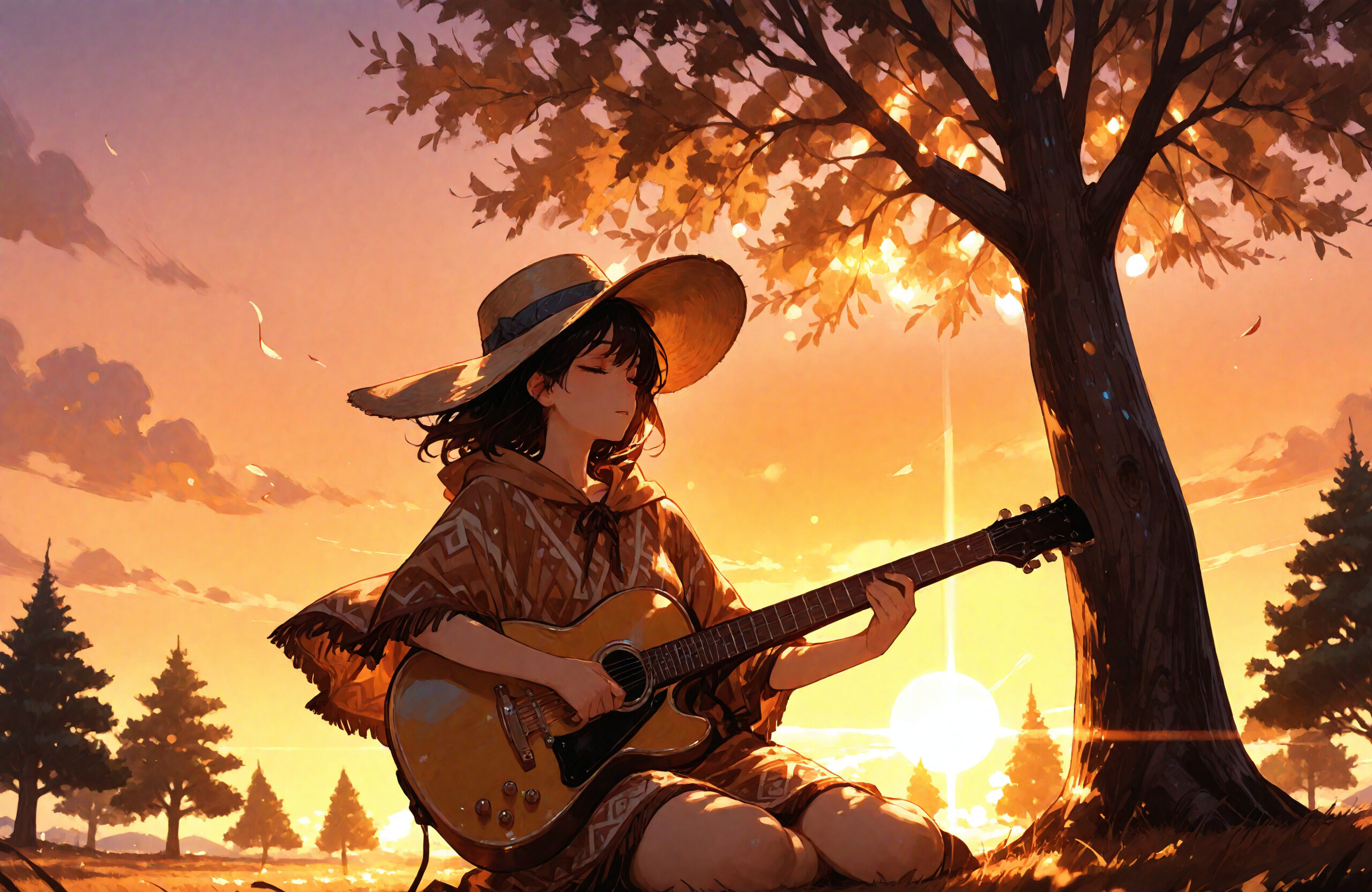 Ein Mädchen im Anime-Stil mit dunklem Haar, das einen Poncho und einen breitkrempigen Hut trägt, sitzt bei Sonnenuntergang an einem großen Baum und spielt friedlich auf einer akustischen Gitarre.