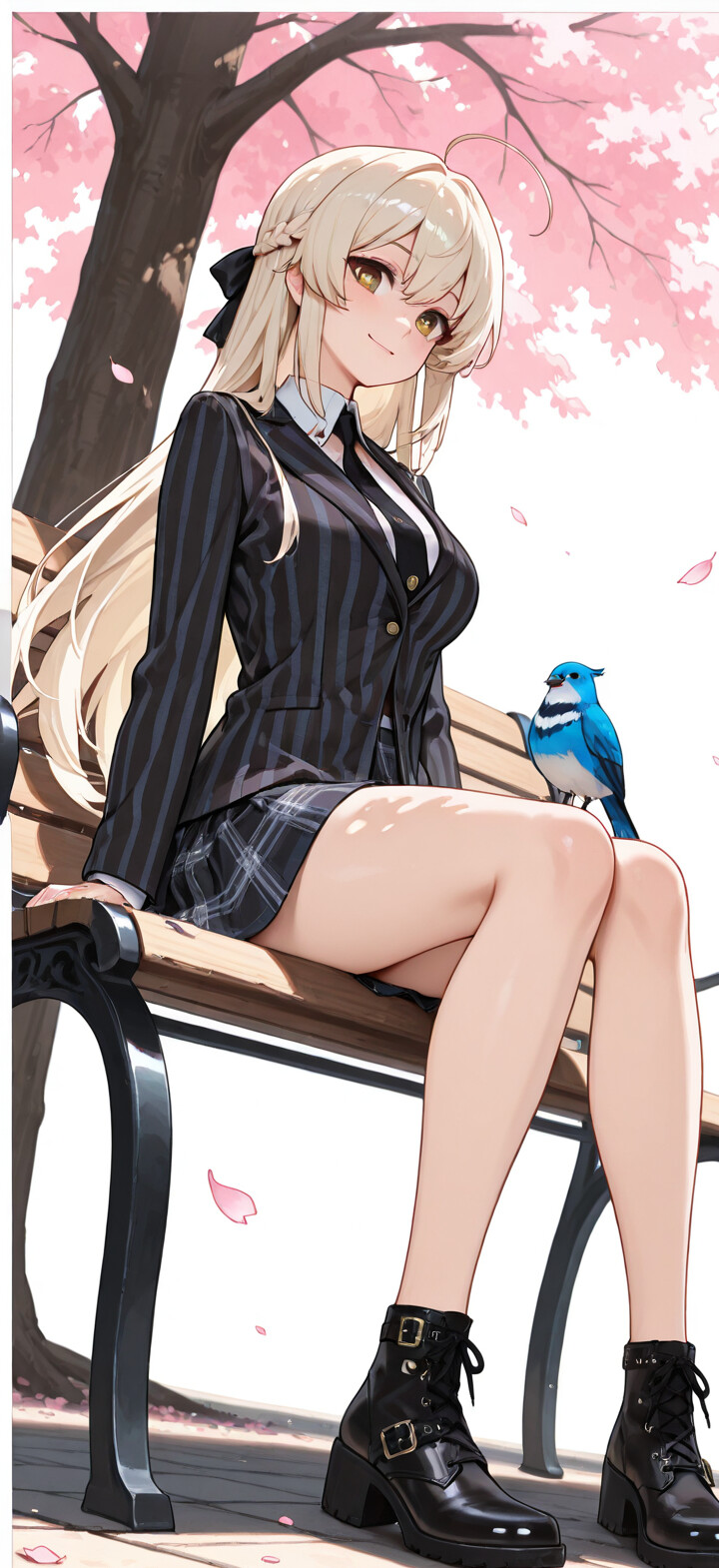 Eine Ganzkörperillustration von Tendou Arisu aus Blue Archive, die auf einer braunen Parkbank sitzt. Sie hat lange blonde Haare, einen Heiligenschein und trägt eine schwarze Jacke mit Streifen, einen grünen karierten Rock und schwarze Stiefel. Hinter ihr befindet sich ein großer Kirschbaum, und auf der Bank sitzen zwei kleine blaue Vögel.