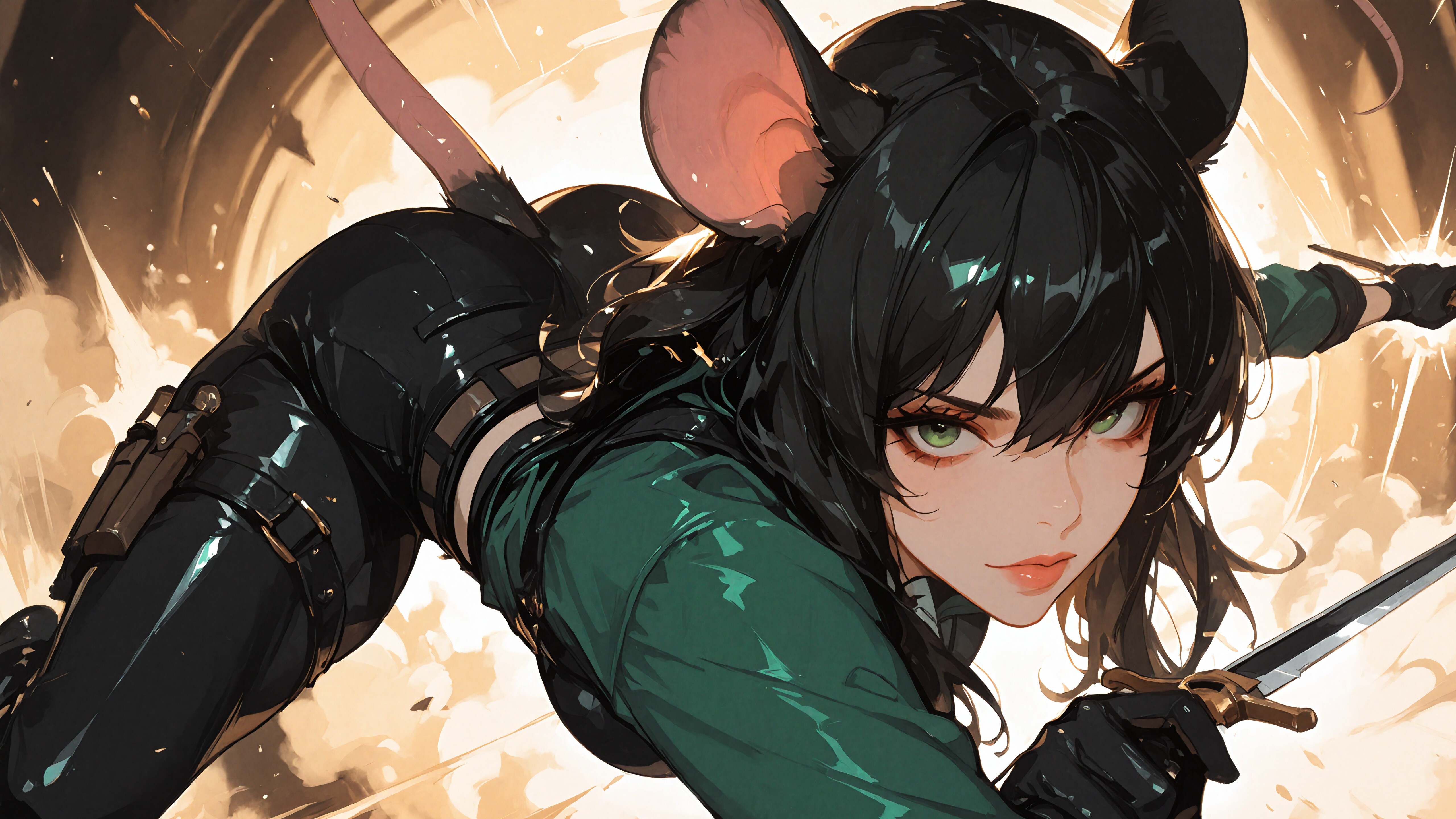 Eine weibliche Anime-Figur mit schwarzen Haaren, grünen Augen, großen Mäuseohren und einem langen Mäuseschwanz, gekleidet wie eine Schurkin in einem grünen Hemd und einer schwarzen Hose, liegt auf einem weißen Fliesenboden und blickt direkt in die Kamera.