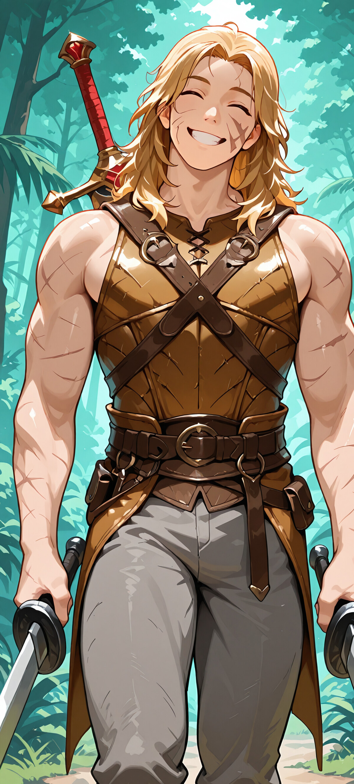 Ein muskulöser junger Mann mit langen, blonden Haaren und einem breiten, freundlichen Lächeln, der braune Lederüstung trägt und in einem grünen Wald zwei Schwerter hält.