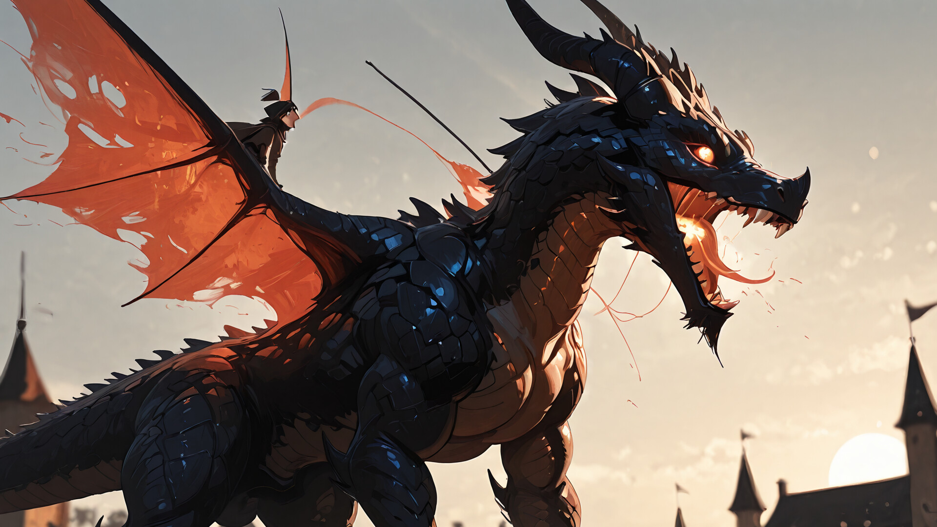 Ein riesiger, schlangenartiger Drache, der von Feuer und Flammen umgeben ist, thront in der Dämmerung majestätisch auf dem höchsten Turm einer düsteren, gotischen Burg.