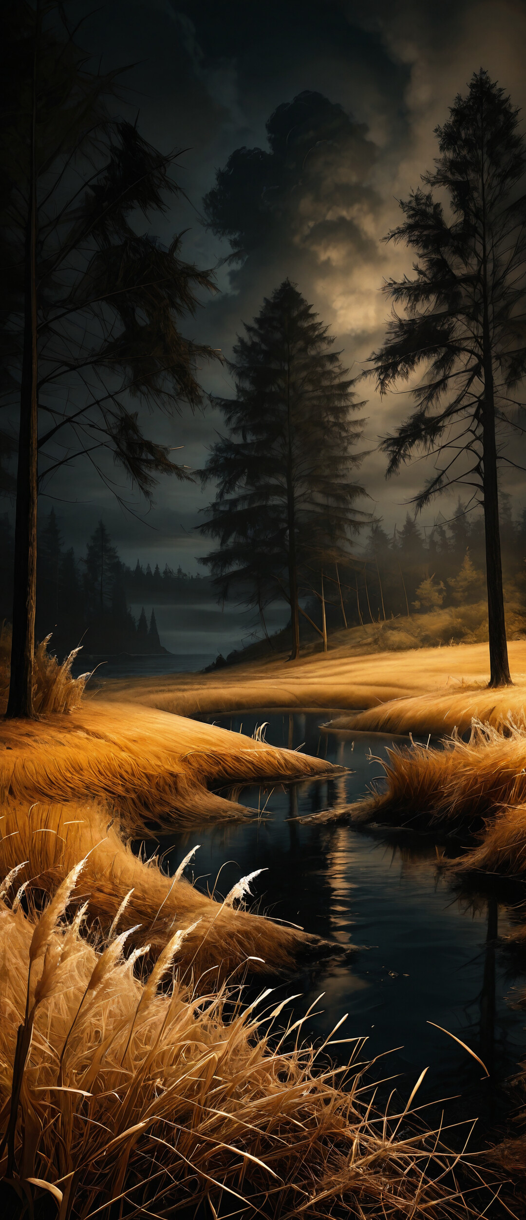 Ein malerisches Bild einer staubigen Pfad, der sich durch ein goldenes Feld mit hohem Gras schlängelt und zum Meer führt, eingerahmt von dunklen Kiefern unter einem bewölkten Nachthimmel.