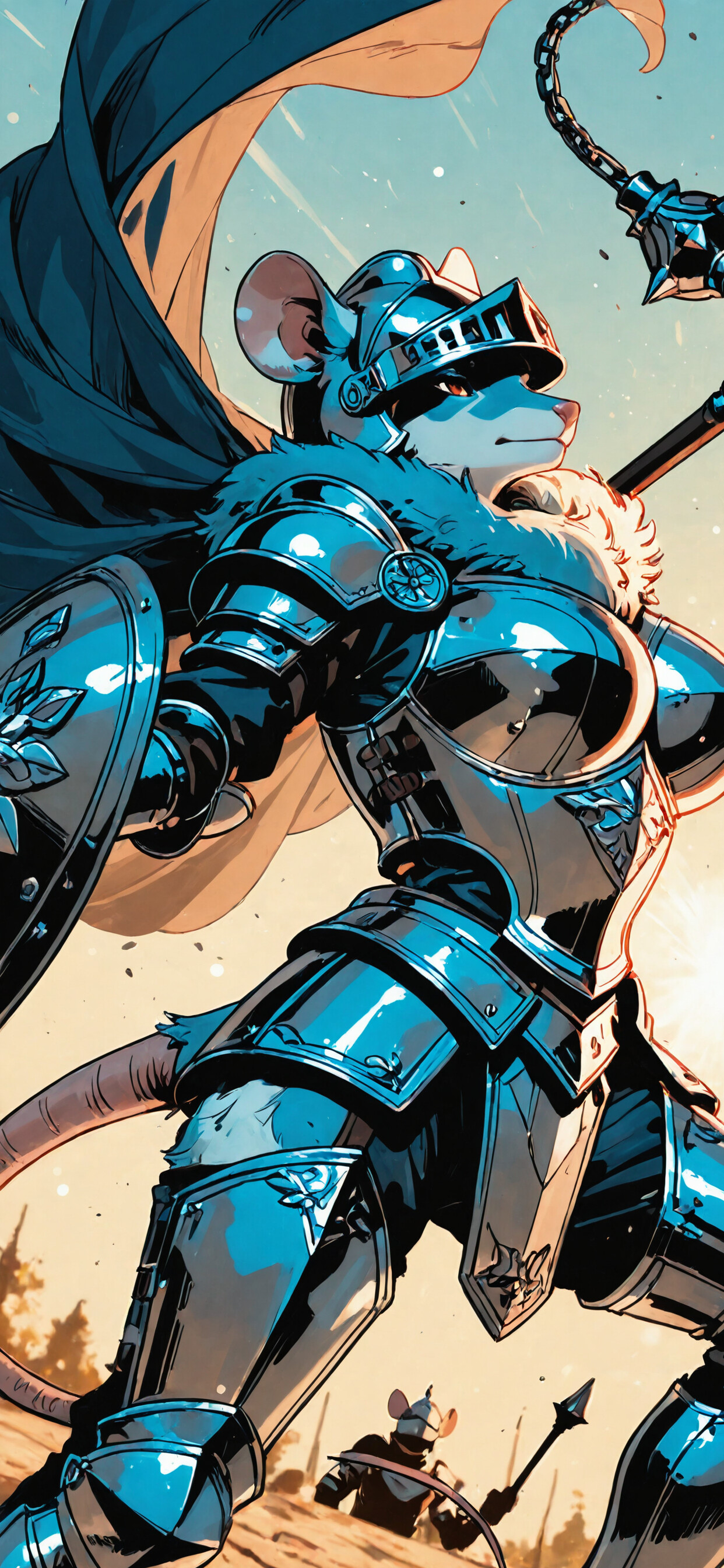 Eine digitale Illustration einer weiblichen, anthropomorphen Mäusekriegerin in vollständiger Plattenrüstung und mit einem Helm, die einen Streitkolben hält, während ein rotes Cape hinter ihr weht. Ihr Gesichtsausdruck ist entschlossen.