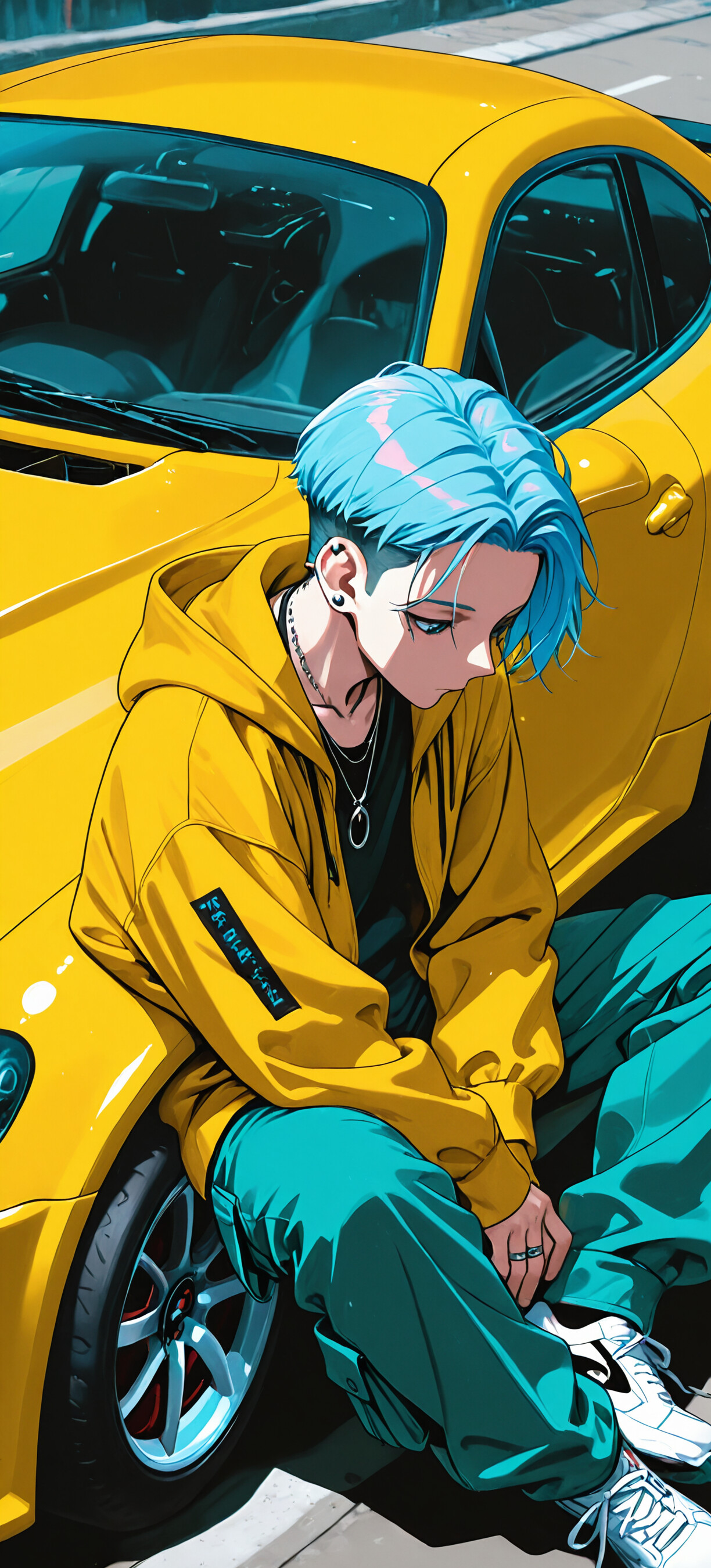 Eine im Anime-Stil gehaltene Illustration eines jungen Mannes mit blauem Haar und einer gelben Jacke, der auf der Motorhaube eines gelben Sportwagens sitzt und nach unten blickt.