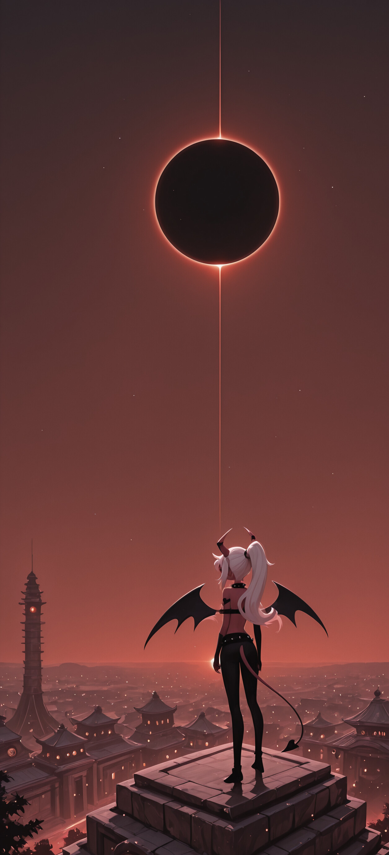 Verosika Mayday, eine dämonische Figur mit langem, weißem Haar, Hörnern und Flügeln, steht auf einem Berggipfel und blickt auf eine höllische Landschaft mit einer hohen Pagode unter einer vollständigen Sonnenfinsternis.