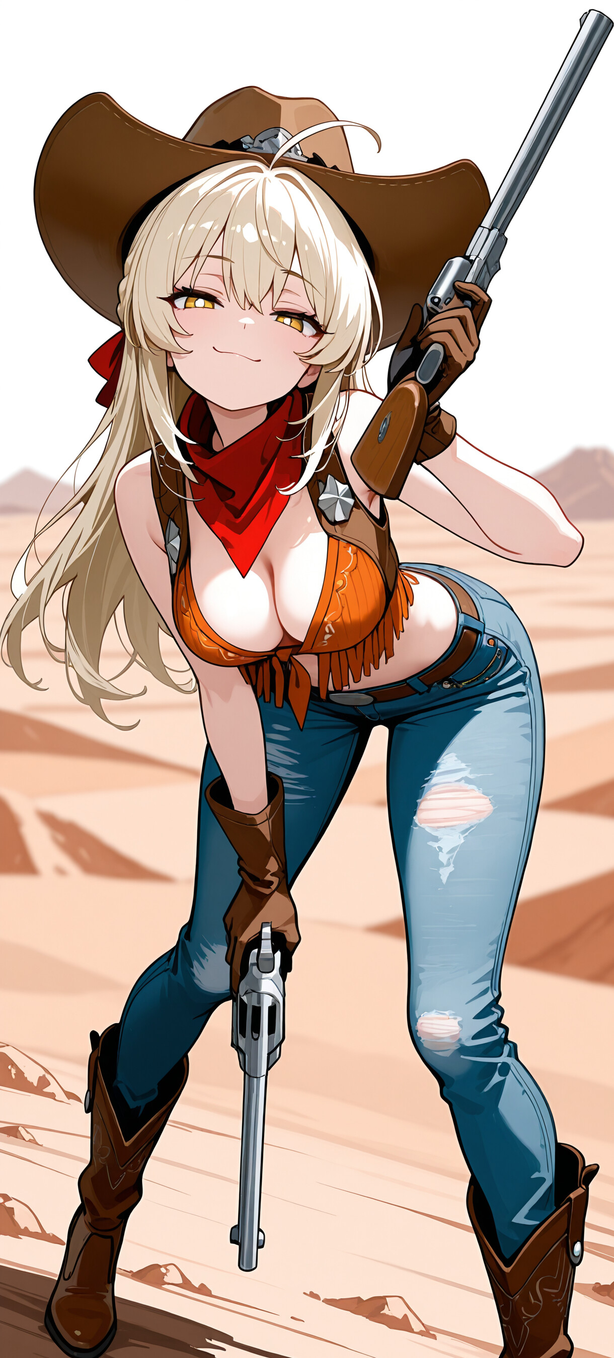 Eine im Anime-Stil gehaltene Illustration einer blonden Cowgirl, die als Lumine aus Genshin Impact identifiziert wird, in einer Wüstenlandschaft. Sie trägt einen Cowboyhut, eine Fransenweste und zerrissene Jeans und lächelt selbstgefällig, während sie mit einem Revolver auf den Betrachter zielt.