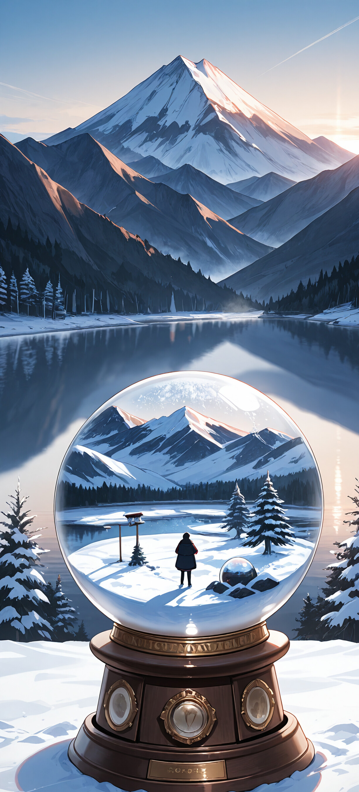 Eine Schneekugel aus Glas, die eine Miniatur-Winterlandschaft mit einer Hütte und Bäumen enthält. Im Hintergrund ist eine reale Landschaft zu sehen, bestehend aus einer verschneiten Bergkette und einem ruhigen See im Morgenlicht.