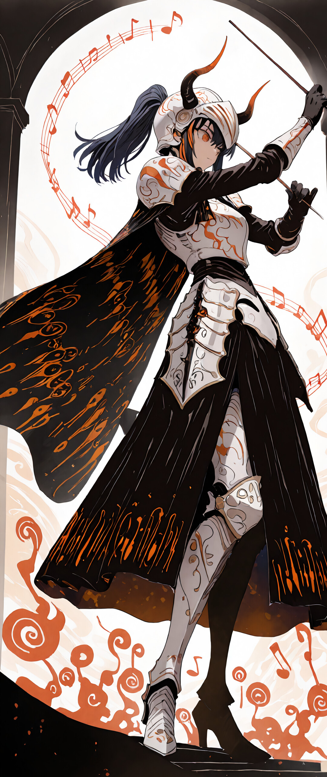Eine im Anime-Stil gehaltene Illustration der Figur Yaneko Uta als eine Art Ritter-Dirigentin. Sie trägt eine kunstvoll verzierte, weiß-silberne Rüstung, einen schwarzen Umhang und einen Helm mit Hörnern. Sie hält zwei Dirigentenstäbe und steht inmitten eines Wirbels aus leuchtend orangefarbenen Noten.